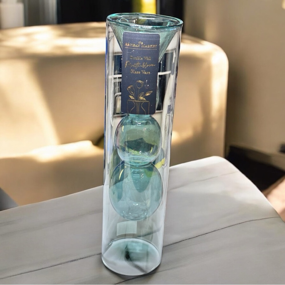 Home Essentials Double Wall Glass Vase, 12 Inch, Clear/Green (NEW)
